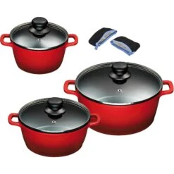 KING Aluguss Kochtopfset 3/6-teilig Inklusive Henkelpads Rot