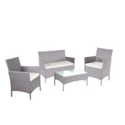 2-1-1 Poly-Rattan Garten-Garnitur Hamar, Sitzgruppe Lounge-Set Sofa ~ Grau, Kissen Creme