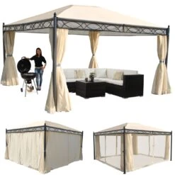 Pergola Calpe, Garten Pavillon, Stabiles 7cm-Gestell Mit Seitenwand + Moskitonetz ~ Creme 4x3m