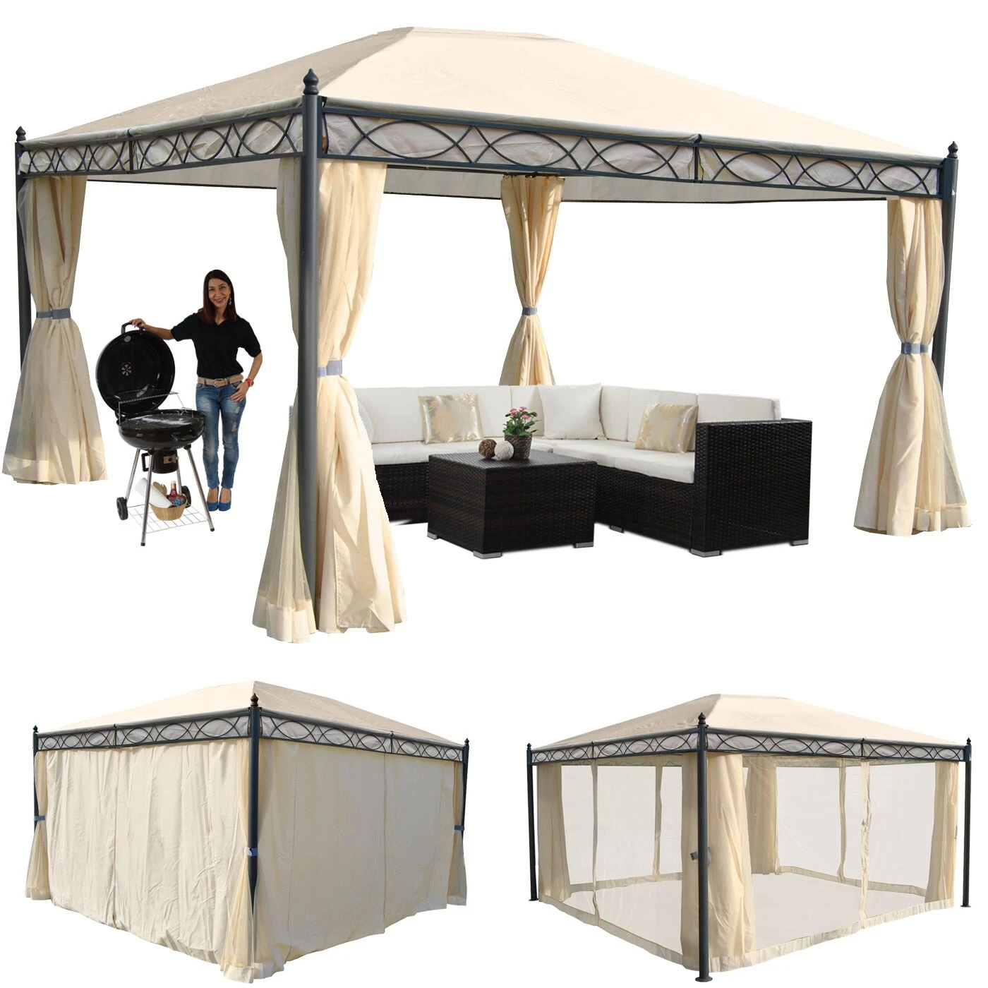 Pergola Calpe, Garten Pavillon, Stabiles 7cm-Gestell Mit Seitenwand + Moskitonetz ~ Creme 4x3m 1 Pergola Calpe, Garten Pavillon, Stabiles 7cm-Gestell Mit Seitenwand + Moskitonetz ~ Creme 4x3m