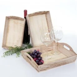3er Set Tablett MCW-C50, Serviertablett Holztablett Frühstückstablett Dekotablett, Shabby-Look Vintage ~ Naturbraun