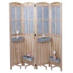Paravent MCW-D26 Pflanzkörbe, Raumteiler Trennwand Spanische Wand Sichtschutz, Holz Metall 170x161x29cm