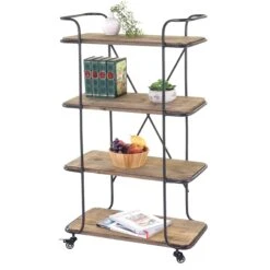 Rollregal MCW-D97, Regal Rollwagen Bücherregal Metallregal Mit Rollen, 4 Ebenen Tanne Holz 116x637x34cm