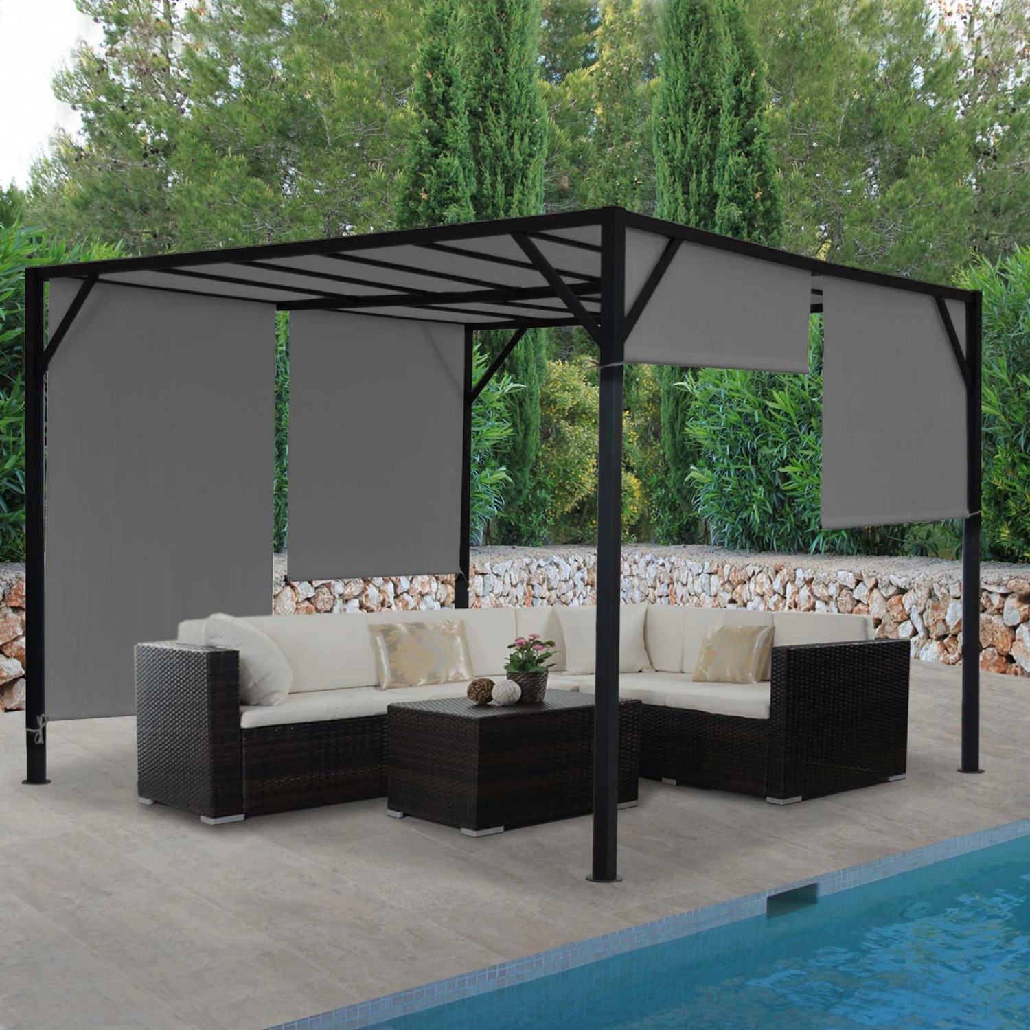 Pergola Beja, Garten Pavillon Terrassenüberdachung, Stabiles 6cm-Stahl-Gestell + Schiebedach Grau ~ 3x3m 1 Pergola Beja, Garten Pavillon Terrassenüberdachung, Stabiles 6cm-Stahl-Gestell + Schiebedach Grau ~ 3x3m