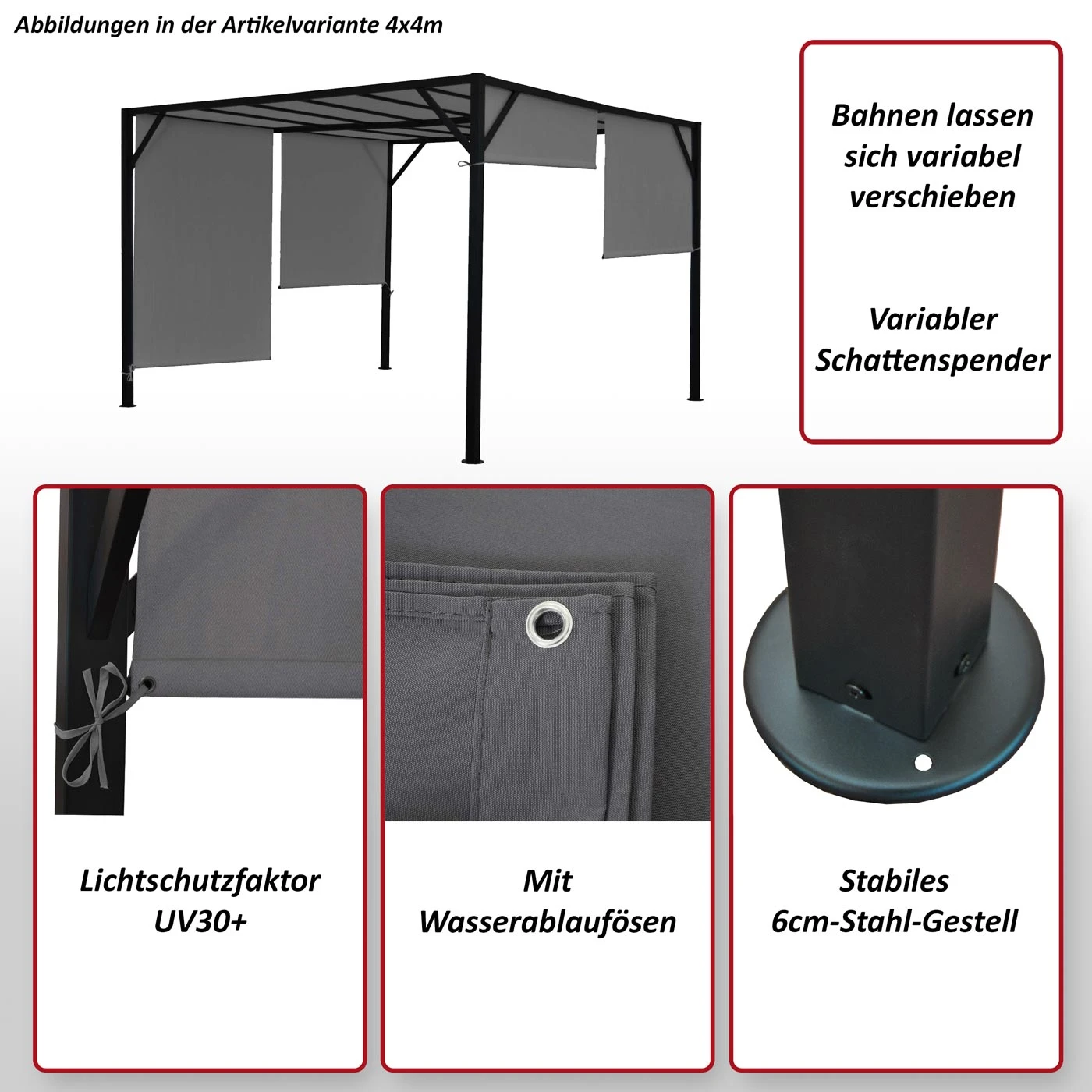 Pergola Beja, Garten Pavillon Terrassenüberdachung, Stabiles 6cm-Stahl-Gestell + Schiebedach Grau ~ 3x3m 2 Pergola Beja, Garten Pavillon Terrassenüberdachung, Stabiles 6cm-Stahl-Gestell + Schiebedach Grau ~ 3x3m – Bild 2