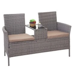 Poly-Rattan Sitzbank Mit Tisch MCW-E24, Gartenbank Sitzgruppe Gartensofa, 132cm ~ Grau, Kissen Creme