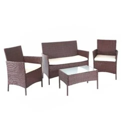 Poly-Rattan Garten-Garnitur MCW-D82, Sitzgruppe Lounge-Set ~ Braun-meliert Mit Kissen Creme