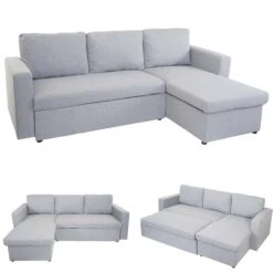 Schlafsofa MCW-D92, Couch Ecksofa Sofa, Schlaffunktion 220x152cm Stoff/Textil ~ Hellgrau, Ohne Deko-Kissen