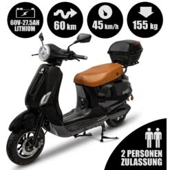 Rolektro, Retro 45 E-Roller, Lithium, V.2021, Schwarz, 60V-27,5Ah Akku, 2000 Watt -OUTSUNNY Verkäufe 2199929000 prod 003