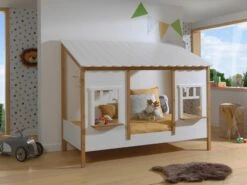 Landhausbett Mit Dach, Liegefläche 90 X 200 Cm, Inkl. Lattenrost, Ausf. Teilmassiv Kiefer, Farbe Oak/Weiß
