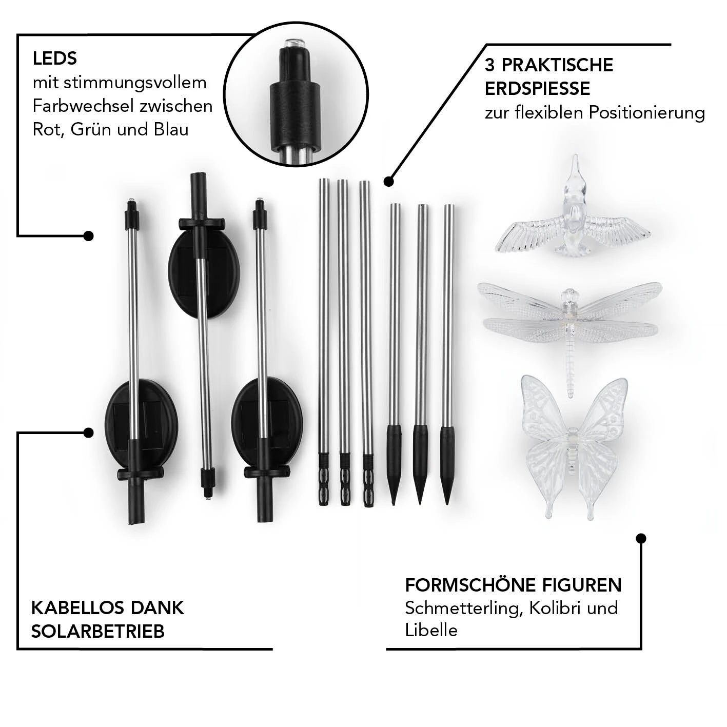 MAXXMEE Solar-Stableuchten LED 3er-Set Schmetterling, Kolibri Und Libelle 1,2V Silber/schwarz 3 MAXXMEE Solar-Stableuchten LED 3er-Set Schmetterling, Kolibri Und Libelle 1,2V Silber/schwarz – Bild 3