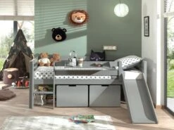 Kojen-Spielbett Mit Liegefläche 90 X 200 Cm, Inkl. Leiter, Regal, Rutsche, Rolllattenrost Und 2 Schubkästen, Kiefer Und MDF Grau Lackiert