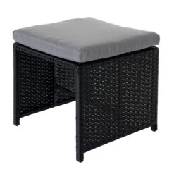Poly-Rattan Hocker MCW-K35, Gartenhocker, Sitzhocker ~ Schwarz, Kissen Hellgrau