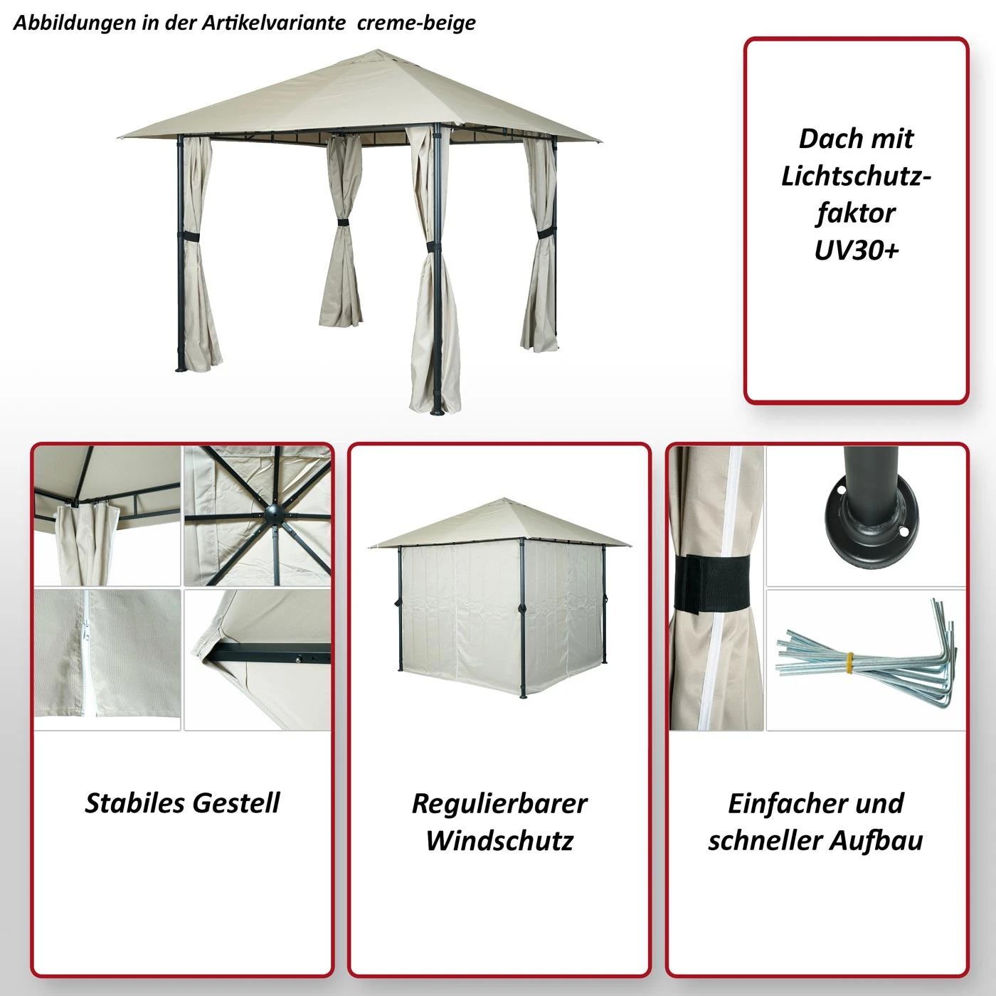 Pergola MCW-J63, Garten Pavillon Terrassenüberdachung Mit Seitenwand, 3x3m ~ Creme-beige 2 Pergola MCW-J63, Garten Pavillon Terrassenüberdachung Mit Seitenwand, 3x3m ~ Creme-beige – Bild 2