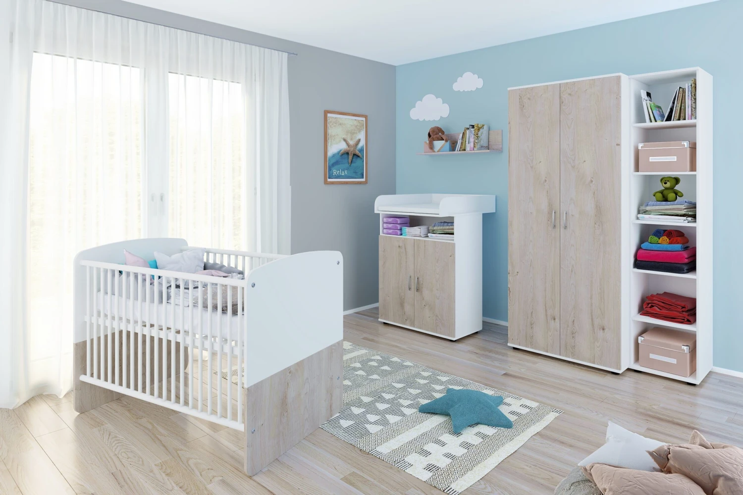 Nonjoo. Babyzimmer Hanna Set 5: Best. Aus Babybett, Kommode, Wickelaufsatz, Wandboard, Regal Mit 6 Fächern Und Kleiderschrank 2-trg. 1 Nonjoo. Babyzimmer Hanna Set 5: Best. Aus Babybett, Kommode, Wickelaufsatz, Wandboard, Regal Mit 6 Fächern Und Kleiderschrank 2-trg.