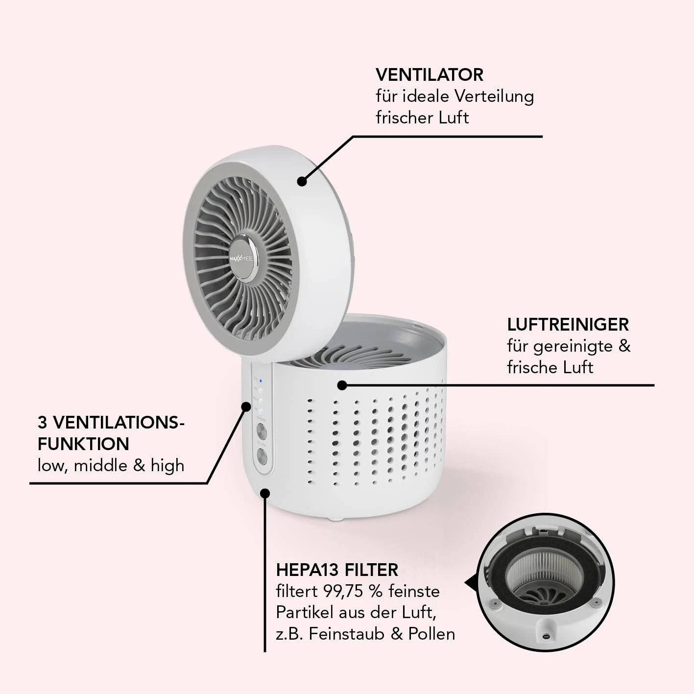 MAXXMEE Tischluftreiniger & Ventilator 2in1 6W Weiß 5 MAXXMEE Tischluftreiniger & Ventilator 2in1 6W Weiß – Bild 5