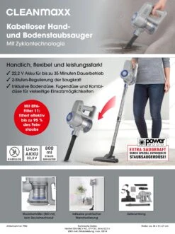 CLEANmaxx Akku-Zyklon-Staubsauger 22,2V -OUTSUNNY Verkäufe 2459557000 prod 005
