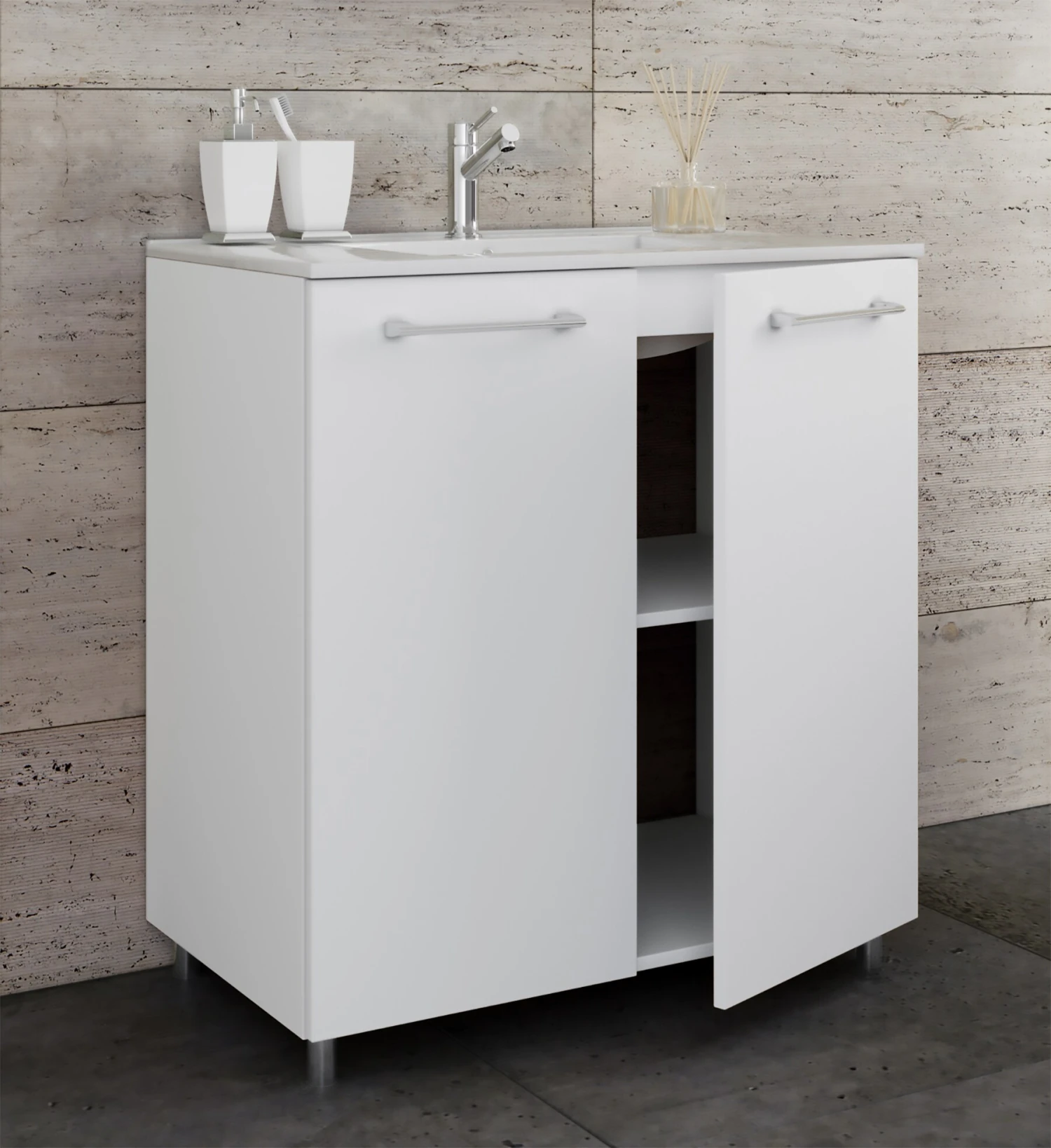 VCM 2-tlg. Waschplatz Waschtisch Badmöbel Set Waschbecken Badinos Drehtüren 2 VCM 2-tlg. Waschplatz Waschtisch Badmöbel Set Waschbecken Badinos Drehtüren – Bild 2