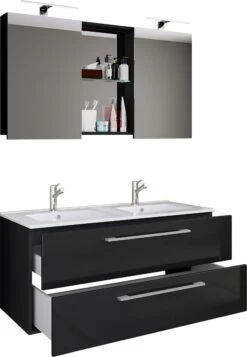 VCM 3-tlg. Doppel Waschplatz 2 Waschtisch Badmöbel Set Waschbecken Budasi SC