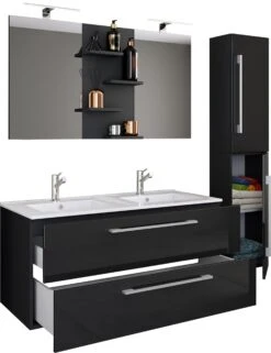 VCM 4-tlg. Doppel Waschplatz 2 Waschtisch Badmöbel Set Waschbecken Budasi Spiegel