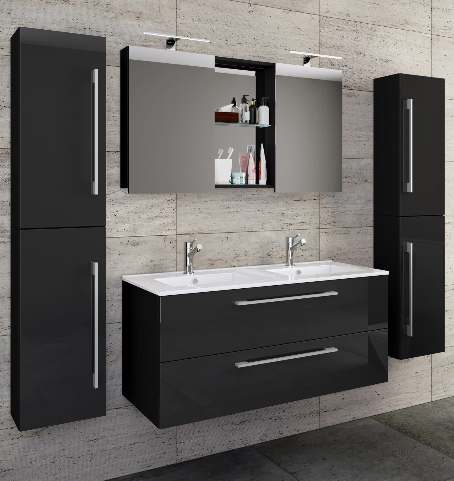 VCM 5-tlg. Doppel Waschplatz 2 Waschtisch Badmöbel Set Waschbecken Budasi SC 3 VCM 5-tlg. Doppel Waschplatz 2 Waschtisch Badmöbel Set Waschbecken Budasi SC – Bild 3