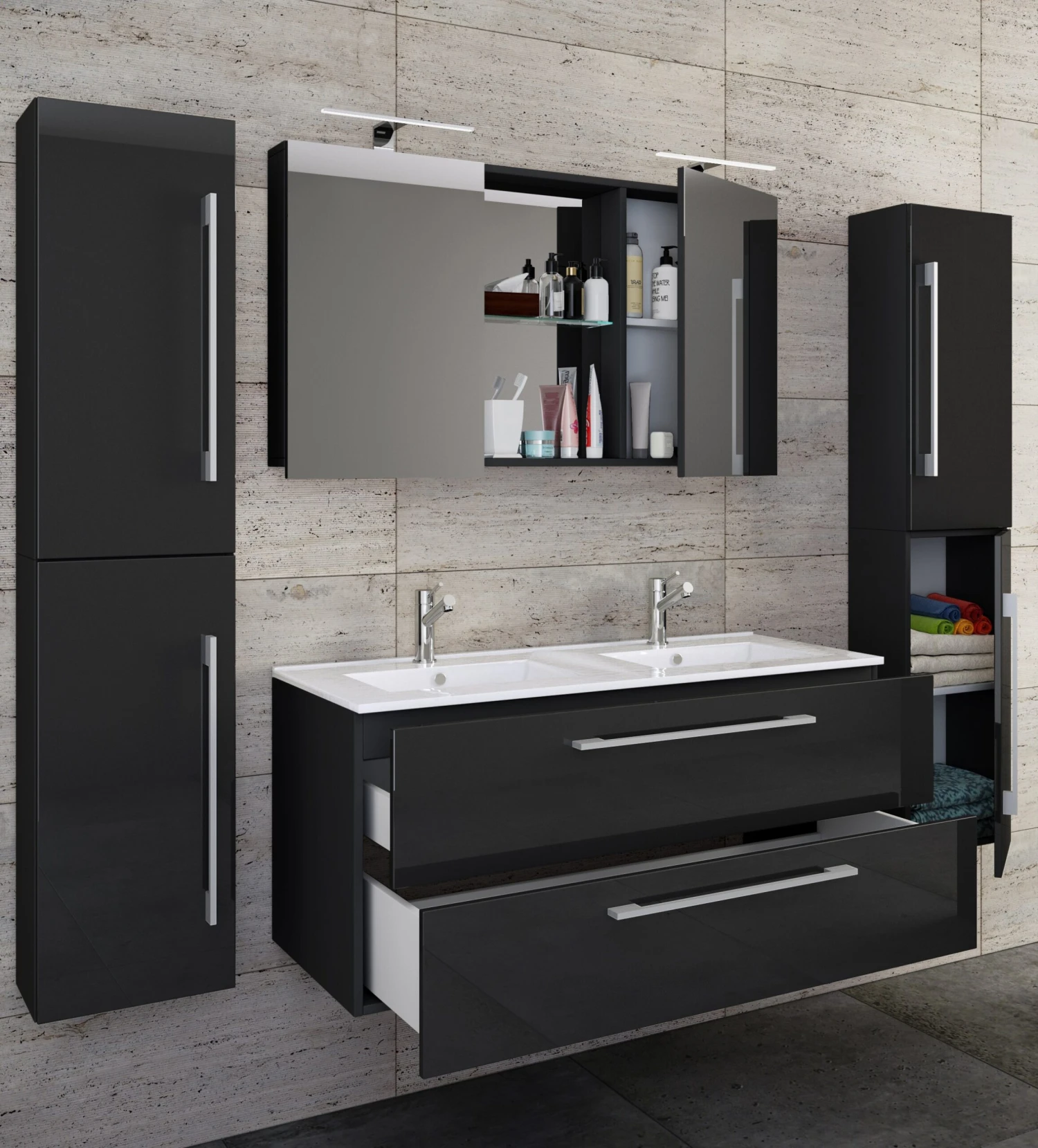 VCM 5-tlg. Doppel Waschplatz 2 Waschtisch Badmöbel Set Waschbecken Budasi SC 4 VCM 5-tlg. Doppel Waschplatz 2 Waschtisch Badmöbel Set Waschbecken Budasi SC – Bild 4