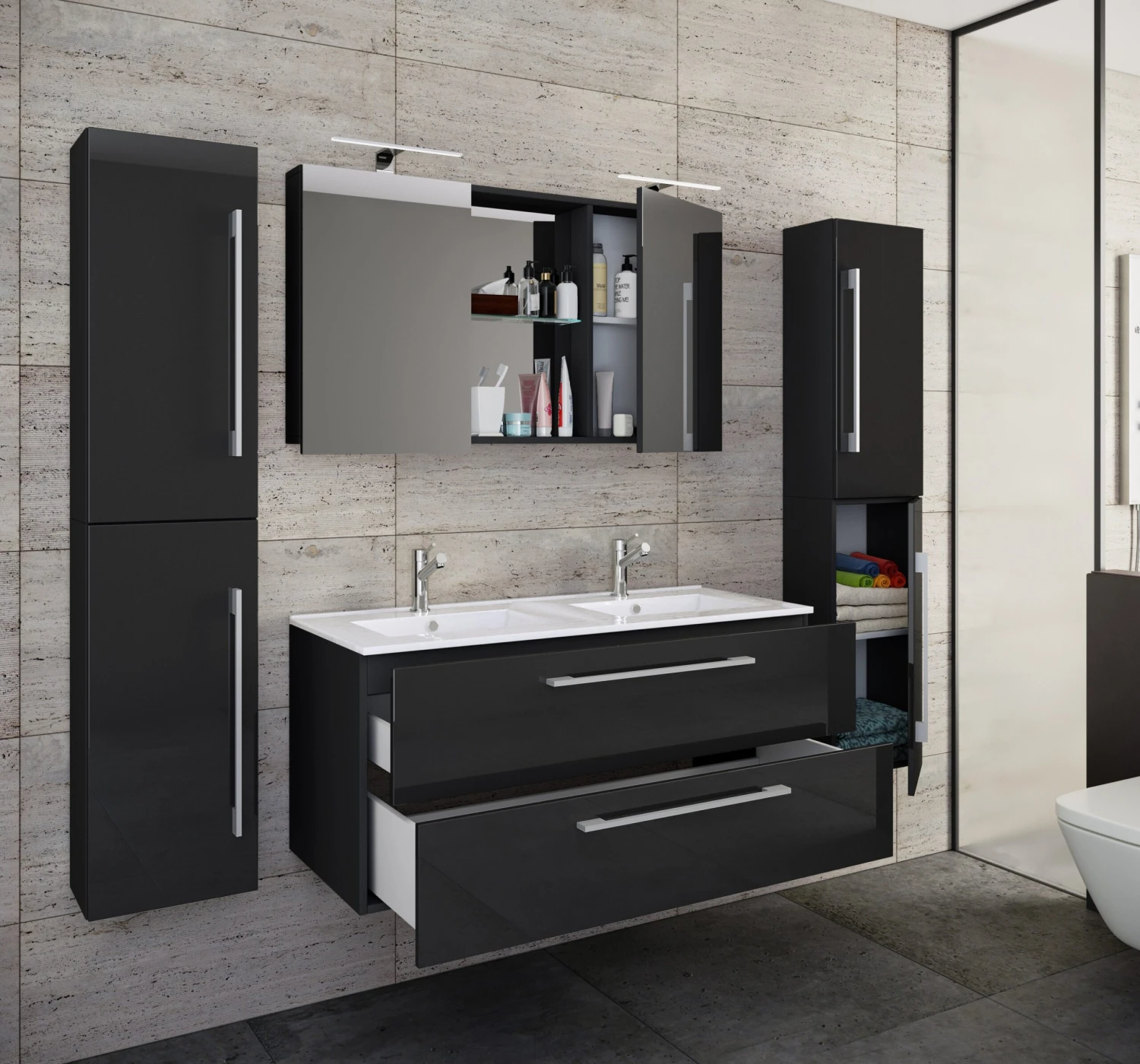 VCM 5-tlg. Doppel Waschplatz 2 Waschtisch Badmöbel Set Waschbecken Budasi SC 5 VCM 5-tlg. Doppel Waschplatz 2 Waschtisch Badmöbel Set Waschbecken Budasi SC – Bild 5