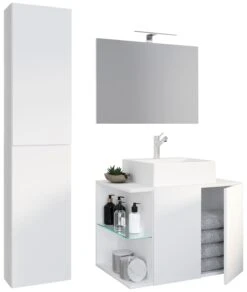 VCM 4-tlg. Waschplatz Waschtisch Badmöbel Set Waschbecken Spiegel Hausa Drehtür