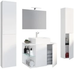 VCM 5-tlg. Waschplatz Waschtisch Badmöbel Set Waschbecken Spiegel Hausa Drehtür