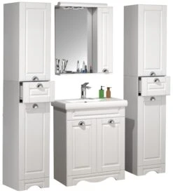 VCM 5-tlg. Waschplatz Waschtisch Breite 60 Cm Badmöbel Set Waschbecken Spiegelschrank Hochschrank Landhaus Casalo L