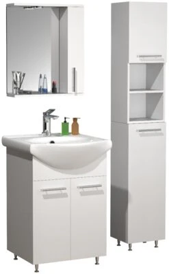 VCM 4-tlg. Waschplatz Waschtisch Badmöbel Set Waschbecken Spiegeschrank Hochschrank Drehtüren Lisalo M