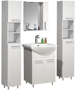 VCM 5-tlg. Waschplatz Waschtisch Badmöbel Set Waschbecken Drehtüren Spiegeschrank Hochschrank Lisalo M