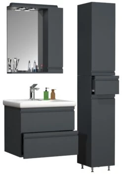 VCM 4-tlg. Waschplatz Waschtisch 60 Cm Badmöbel Set Waschbecken Grifflose Schublade Spiegelschrank Hochschrank Silora L