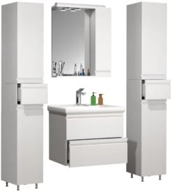 VCM 5-tlg. Waschplatz Waschtisch 60 Cm Badmöbel Set Waschbecken Grifflose Schublade Spiegelschrank Hochschrank Silora L