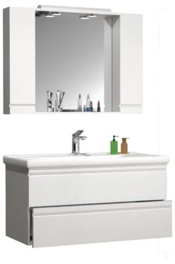 VCM 3-tlg. Waschplatz Waschtisch 100 Cm Badmöbel Set Waschbecken Grifflose Schublade Spiegelschrank Silora XL