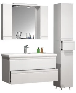 VCM 4-tlg. Waschplatz Waschtisch 100 Cm Badmöbel Set Waschbecken Grifflose Schublade Spiegelschrank Hochschrank Silora XL