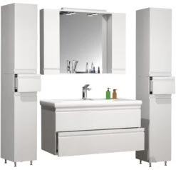 VCM 5-tlg. Waschplatz Waschtisch 100 Cm Badmöbel Set Waschbecken Grifflose Schublade Spiegelschrank Hochschrank Silora XL