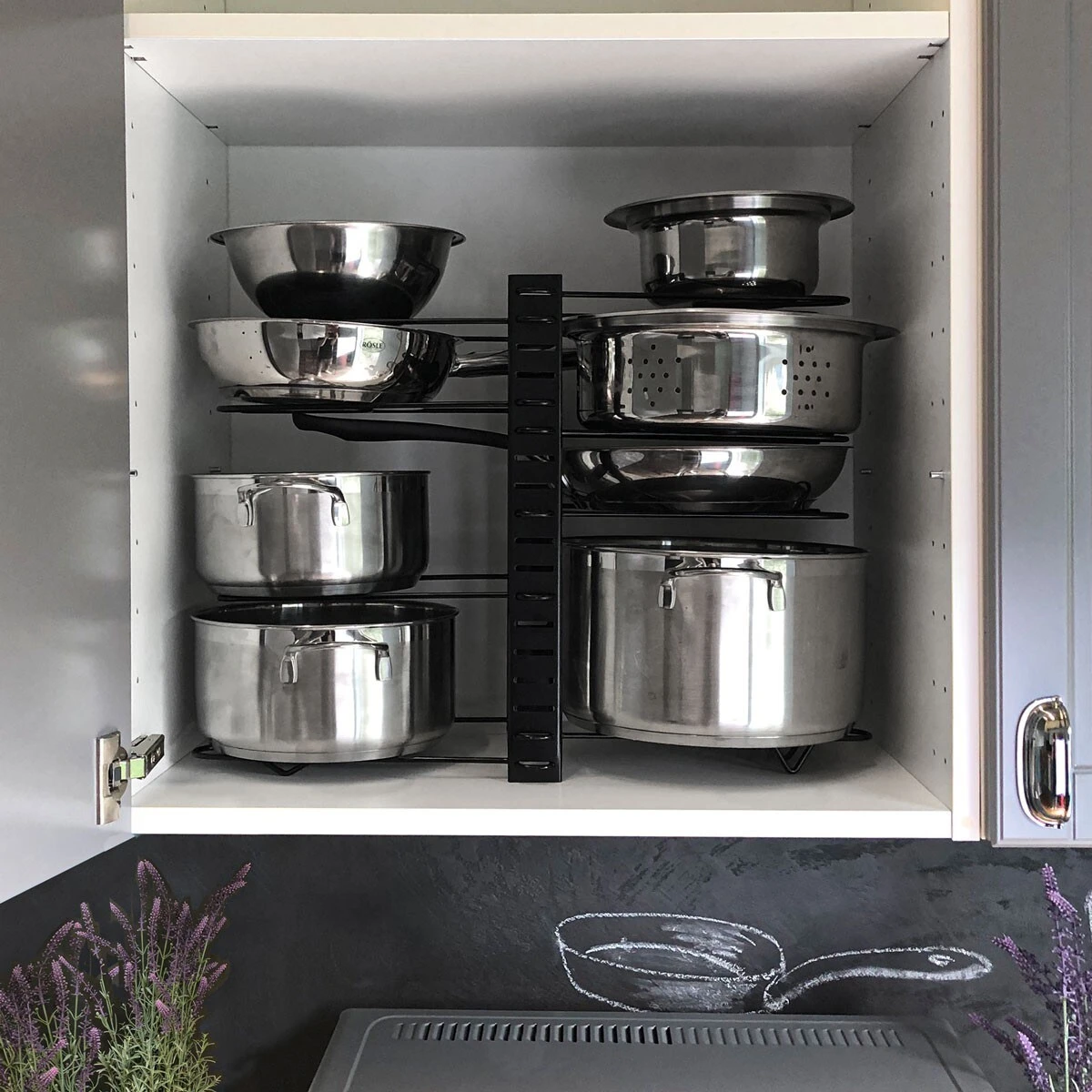 Pfannen Organizer Mit 8 Ablagen Topfdeckel Aufbewahrung Küche Topf Regal 5 Pfannen Organizer Mit 8 Ablagen Topfdeckel Aufbewahrung Küche Topf Regal – Bild 5