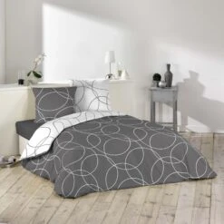 3tlg Mikrofaser Bettwäsche 240x220 Grau Kreis Bettdecke Übergröße Bett King Size