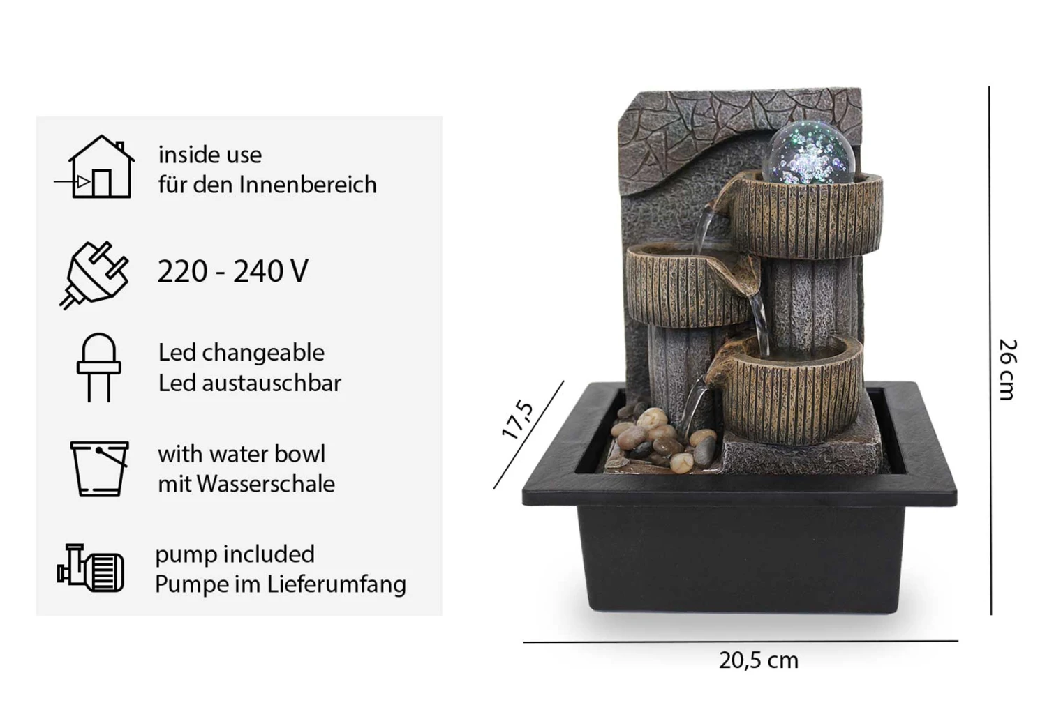 Zimmerbrunnen Tischbrunnen FoTino Antik Braun Led 26 Cm 10973 6 Zimmerbrunnen Tischbrunnen FoTino Antik Braun Led 26 Cm 10973 – Bild 6