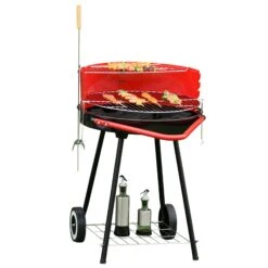 Outsunny Holzkohlegrill Auf Rollen Mit Ablage Rot, Schwarz 67 X 51 X 82 Cm (LxBxH) | Rundgrill Standgrill Gartengrill Grillwagen