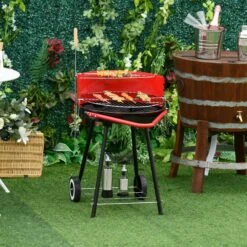 Outsunny Holzkohlegrill Auf Rollen Mit Ablage Rot, Schwarz 67 X 51 X 82 Cm (LxBxH) | Rundgrill Standgrill Gartengrill Grillwagen -OUTSUNNY Verkäufe 8600336600 01 0562 prod 004