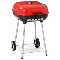 Outsunny Grillwagen Mit Deckel Rot, Schwarz 45 X 47,5 X 70 Cm (LxBxH) | Rundgrill Standgrill Gartengrill Holzkohlegrill
