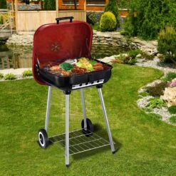 Outsunny Grillwagen Mit Deckel Rot, Schwarz 45 X 47,5 X 70 Cm (LxBxH) | Rundgrill Standgrill Gartengrill Holzkohlegrill -OUTSUNNY Verkäufe 8600336600 01 0569 prod 004