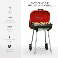 Outsunny Grillwagen Mit Deckel Rot, Schwarz 45 X 47,5 X 70 Cm (LxBxH) | Rundgrill Standgrill Gartengrill Holzkohlegrill -OUTSUNNY Verkäufe 8600336600 01 0569 prod 006