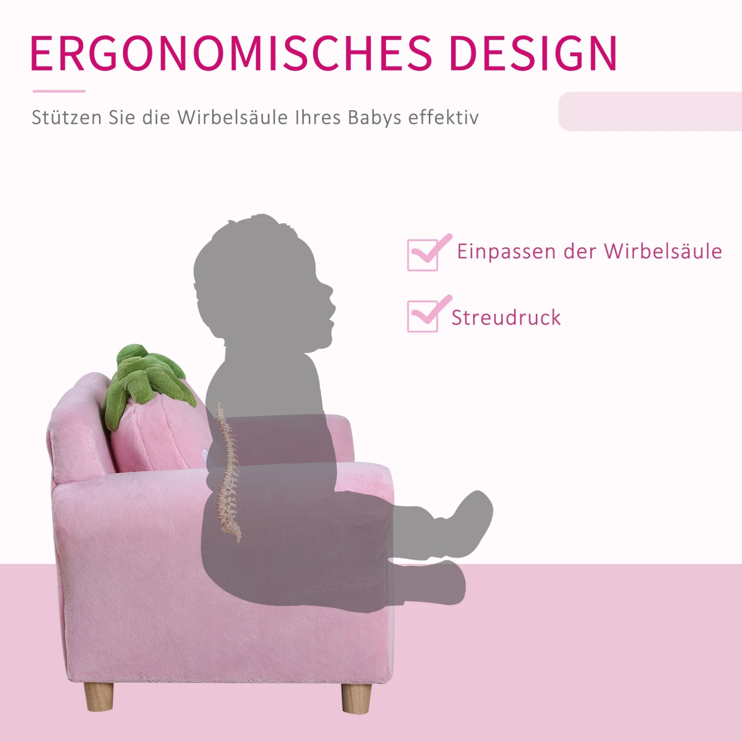 HOMCOM Kinder Erdbeersofa Rosa, Grün 90 X 50 X 43 Cm (LxBxH) | Kindersessel Softsofa Kinderzimmer Sofa Sessel 6 HOMCOM Kinder Erdbeersofa Rosa, Grün 90 X 50 X 43 Cm (LxBxH) | Kindersessel Softsofa Kinderzimmer Sofa Sessel – Bild 6