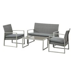 Outsunny Sitzgarnitur 4-teilig Aus Polyrattan Grau 112 X 60,5 X 76 Cm | 4-teilige Sitzgruppe Gartenmöbelset Mit Couchtisch