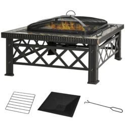 Outsunny 3-in-1 Feuerschale Mit Grillrost Schwarz 76 X 76 X 47 Cm (BxTxH) | Feuerschale Mit Funkenschutz Feuerstelle Schale