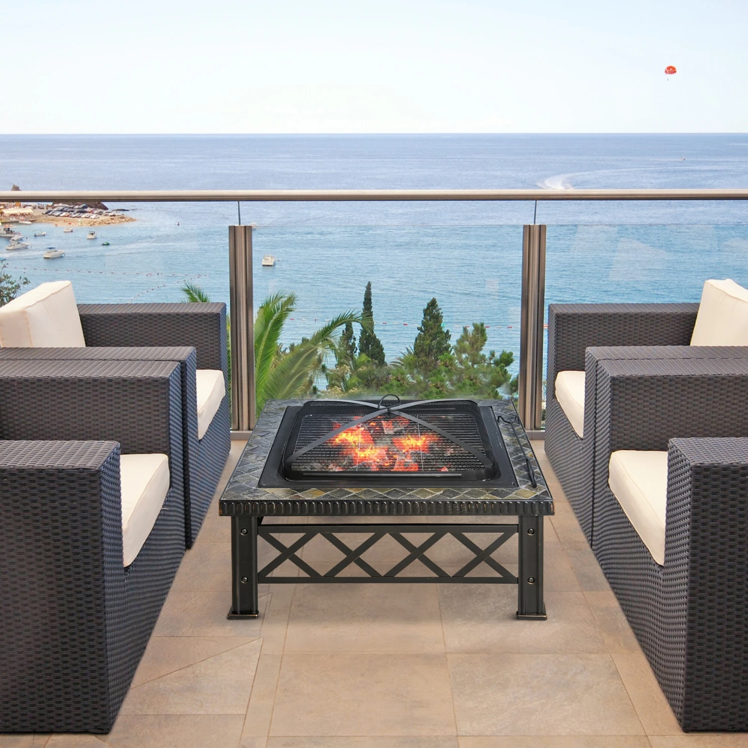 Outsunny 3-in-1 Feuerschale Mit Grillrost Schwarz 76 X 76 X 47 Cm (BxTxH) | Feuerschale Mit Funkenschutz Feuerstelle Schale 5 Outsunny 3-in-1 Feuerschale Mit Grillrost Schwarz 76 X 76 X 47 Cm (BxTxH) | Feuerschale Mit Funkenschutz Feuerstelle Schale – Bild 5