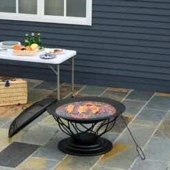 Outsunny 2-in-1 Feuerschale Mit Grillrost Schwarz 75 X 55 Cm (ØxH) | Feuerstelle Feuerkorb Holzkohlegrill Grillaufsatz